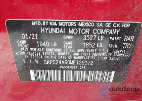 2021 Hyundai Accent Sel из США, поврежденный, VIN 3KPC24A60ME139172